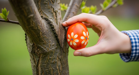 A person's hand carefully places a vibrant orange Easter egg, hand-painted with white flowers, onto the branch of a tree. The tree is budding with new green leaves, symbolizing spring, tradition, and an Easter egg hunt.の素材