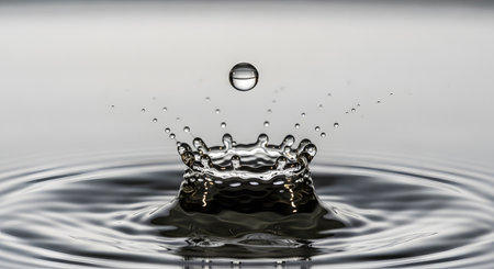 A high-speed macro photograph captures a perfect water droplet suspended in the air just above the splash crown it created upon hitting a calm water surface. The impact creates concentric ripples spreading outwards on the grey, reflective water.の素材