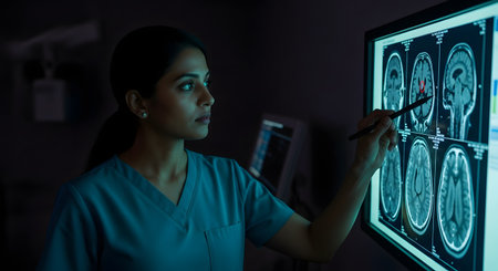 A focused female doctor,possibly a neurologist or surgeon in scrubs,stands in a dark room pointing with a pen at a patient's brain scan (MRI or CT) on a large,glowing monitor. She is intently analyzing the medical images,indicating diagnosis or research.の素材