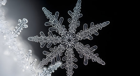 An extreme macro photograph of a perfect, intricate ice crystal or snowflake against a dark, black background. The snowflake shows complex, symmetrical branches, highlighting the beauty and geometry of nature in winter.の素材