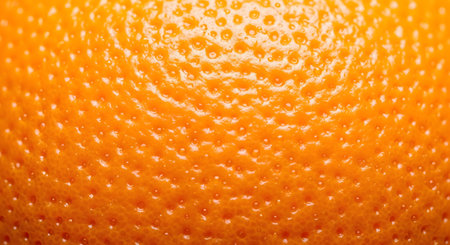 An extreme macro, close-up shot of the skin of a fresh orange. The vibrant orange peel shows detailed texture, pores, and a glossy surface, suitable for a background.の素材