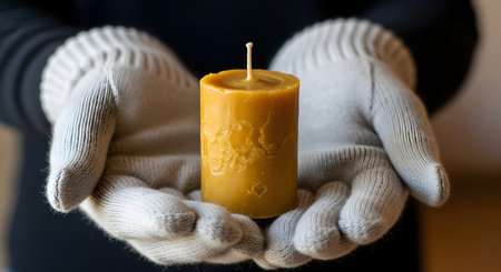 A pair of hands wearing soft, white knitted gloves gently holds a small, yellow, textured beeswax pillar candle. The background is softly blurred, focusing on the handmade, natural qualities of the candle.の素材