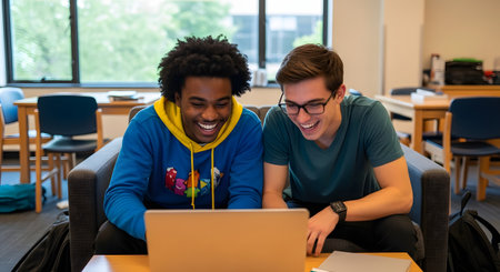 Two diverse male college students are sitting on a couch, laughing as they look at a laptop screen. They are in a modern library or student lounge setting. The image represents friendship, studying, and collaboration.の素材