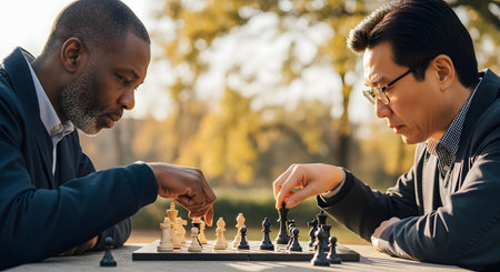 Two diverse, middle-aged men, one Black and one East Asian, are intently focused on a game of chess at a table in a park. The background is filled with the soft, blurred foliage of trees on a sunny day. This image represents strategy, concentration, friendship, and leisure.の素材