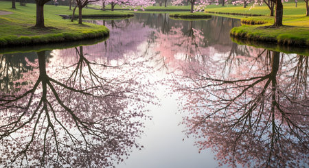 A beautiful spring landscape featuring pink cherry blossom trees surrounding a calm pond or river. The trees and their pink blooms are perfectly reflected in the still water, creating a symmetrical and serene scene. The grass is green, and the light is soft.の素材
