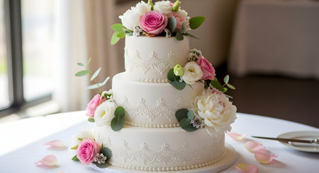 A beautiful and elegant three-tiered white wedding cake decorated with intricate lace piping and clusters of fresh flowers, including pink roses, white roses, and peonies. The cake sits on a white tablecloth, ready for a wedding reception.の素材