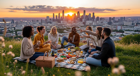 A diverse group of young friends is having a picnic on a grassy hill, overlooking a stunning city skyline at sunset. They are sitting on a blanket, drinking wine, eating, and laughing, enjoying a beautiful evening together.の素材