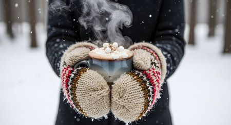 A person wearing thick, cozy knit mittens holds a steaming mug of hot chocolate. The mug is topped with whipped cream and marshmallows. The background is a snowy winter forest, and it is lightly snowing. This image evokes feelings of warmth, comfort, and winter holidays.の素材