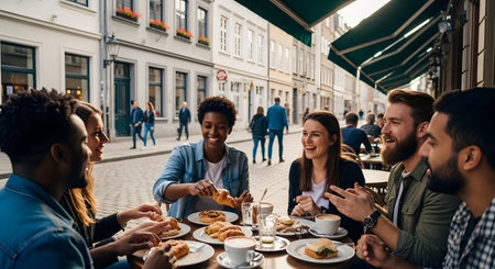 A diverse group of young friends are sitting at an outdoor cafe table, laughing and talking while enjoying coffee and croissants. They are casually dressed and seated on a city street with European-style buildings in the background. This image captures friendship, socializing, and cafe culture.の素材