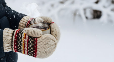 Close-up of a person's hands wearing thick, knitted mittens with a colorful pattern, holding a dark mug of a steaming hot drink. The background is a blurry, snowy winter landscape, conveying warmth, coziness, and winter comfort.の素材