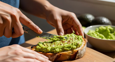 A close-up of a person's hands using a knife to spread mashed avocado onto a slice of toasted sourdough bread. The avocado is seasoned with red pepper flakes, and a bowl of more avocado is nearby, representing a healthy breakfast.の素材