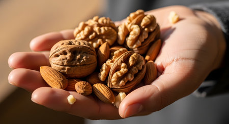 A close-up of a person's cupped hand holding a healthy handful of mixed nuts. The assortment includes both shelled and in-shell walnuts and whole almonds, illuminated by natural sunlight.の素材