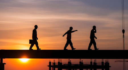 A silhouette of three construction workers in hard hats walking across a steel beam on a high-rise building site. The sun is setting in the background, casting a warm orange and purple glow. The image represents teamwork, labor, and the construction industry.の素材