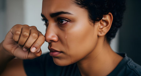 A close-up portrait of a sad Black woman crying, with a single tear rolling down her cheek. She is wiping her eye with her fist, and her expression is one of grief, sadness, or emotional pain. The lighting is soft, highlighting her distress.の素材