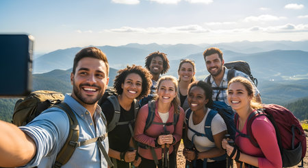 A large, diverse group of young friends smiles and takes a selfie at the top of a mountain. They are wearing hiking gear and backpacks, with a vast mountain range behind them. The image represents adventure, friendship, and achieving a goal.の素材