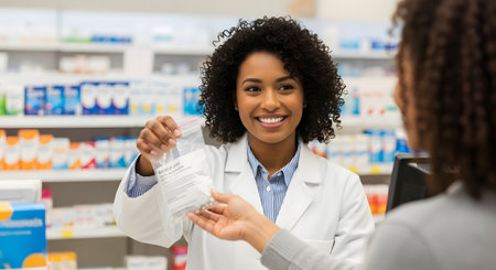 A friendly Black female pharmacist in a white lab coat smiles as she hands a clear bag of prescription medication to a customer. The interaction takes place in a well-stocked pharmacy, representing healthcare, customer service, and professional medical care.の素材