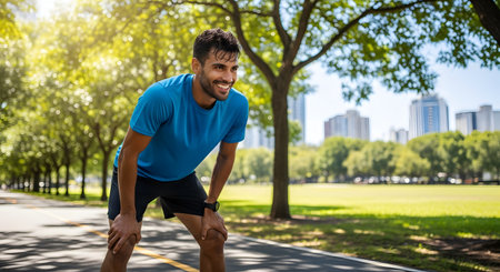 A tired but happy and sweaty man in a blue t-shirt smiles while resting, bending over with his hands on his knees. He is on a running path in a green city park, with trees and buildings in the background. The image represents fitness, exercise, and a healthy lifestyle.の素材