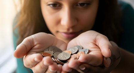 A close-up shot focuses on a woman's cupped hands holding a small amount of US coins, including quarters, dimes, and pennies. Her face is softly blurred in the background as she looks down at the change. The image evokes concepts of savings, poverty, personal finance, or scarcity.の素材