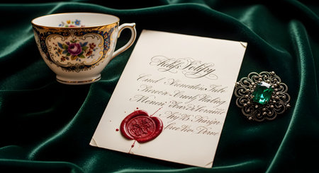 An elegant still life scene featuring an old-fashioned calligraphy letter with a red wax seal, an ornate gold-trimmed teacup, and a vintage emerald brooch. These items are arranged on a rich, dark green velvet cloth, evoking a sense of history, luxury, and nostalgia.の素材