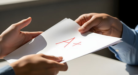 A close-up of two pairs of hands exchanging a piece of paper. The paper has a red 'A+' grade written on it. This image represents academic success, excellent results, and achieving a good grade in school or at university.の素材