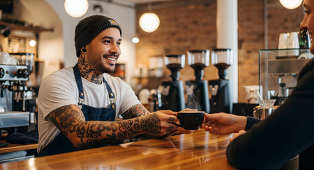 A friendly male barista with tattoos and a beanie smiles as he hands a steaming cup of coffee to a customer over a wooden counter. The background shows a modern, industrial-style coffee shop. This image represents customer service, small business, and cafe culture.の素材