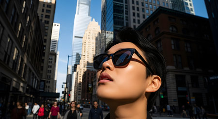 A low-angle shot of a stylish young person with short hair and sunglasses looking up at towering skyscrapers in a dense urban city. The sun highlights their face, conveying a sense of ambition, awe, or being a tourist in a big city. The street is busy with blurred pedestrians.の素材