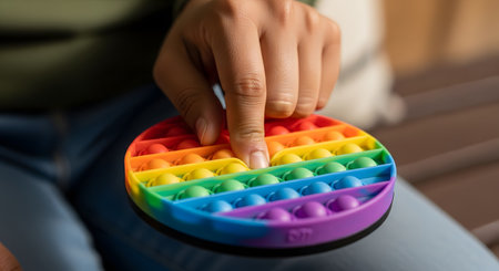 A close-up of a person's hand playing with a round, rainbow-colored 'pop it' fidget toy. The finger is pressing down on one of the silicone bubbles, demonstrating the toy's use for sensory stimulation or stress relief.の素材