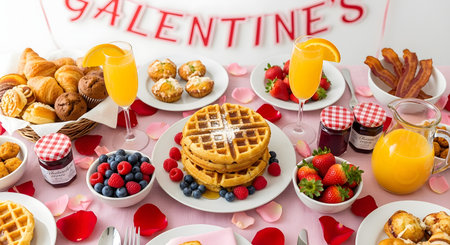 A festive brunch table set for a "Galentine's" day celebration, indicated by a banner in the background. The table is laden with food, including a stack of waffles, fresh berries, pastries, bacon, mini muffins, and glasses of mimosa.の素材