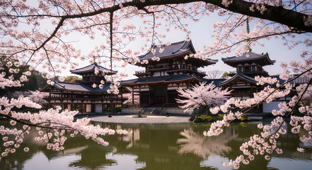A scenic view of a traditional Japanese temple (Byodoin Phoenix Hall) in Uji, Kyoto, Japan. The temple is surrounded by a pond, and framed by blooming pink cherry blossom (sakura) trees in the foreground and background. The water reflects the building and trees.の素材