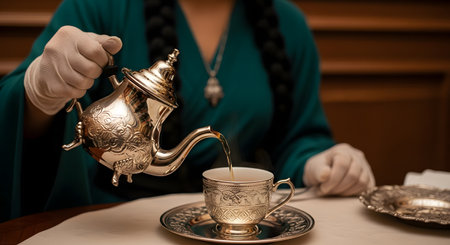 A person wearing white gloves and a green outfit pours hot tea from an ornate, engraved silver teapot into a matching silver teacup. The scene is elegant and formal, suggesting a traditional tea service or a wealthy, vintage setting.の素材