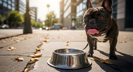 A cute, dark-colored French Bulldog is panting with its tongue out, standing on a city sidewalk next to a metal water bowl. The low-angle shot shows the dog in a blurry urban environment with fallen autumn leaves on the ground.の素材