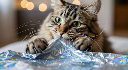A close-up of a fluffy, long-haired tabby cat with big green eyes. The cat is playfully biting and holding onto a piece of shiny, holographic wrapping paper, with its paws and claws visible.の素材