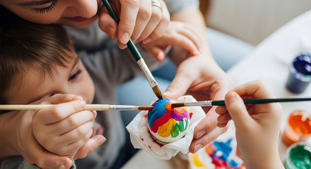 A close-up shot showing multiple hands, including an adult and children, painting a colorful Easter egg. Several paintbrushes are applying different colors to the egg simultaneously, representing a family craft, Easter traditions, and shared creative activity.の素材