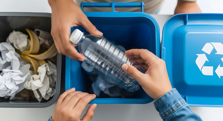 An overhead, top-down view shows two people's hands sorting waste. One hand places a plastic bottle into a blue recycling bin, while a grey bin next to it contains organic compost like banana peels. The image illustrates recycling, waste separation, and environmental sustainability.の素材
