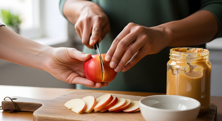 Two people's hands are shown working together to slice a red apple on a wooden cutting board. One person holds the apple steady while the other cuts it into slices, with a jar of peanut butter nearby, suggesting the preparation of a healthy snack.の素材