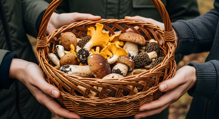 Close-up of two people's hands holding a wicker basket filled with freshly foraged wild mushrooms. The basket contains various types, including porcini, chanterelles, and morels, suggesting a successful mushroom hunt.の素材