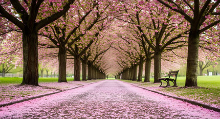 A beautiful pathway lined on both sides by an arcade of blooming cherry blossom trees. Pink petals have fallen and covered the path and grass. A lone park bench sits on the right, inviting relaxation in the serene spring setting.の素材