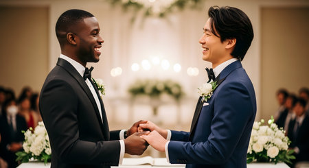 Two happy grooms, one Black and one East Asian, are smiling at each other and holding hands during their wedding ceremony. They are both wearing elegant tuxedos with boutonnieres, standing at the altar in front of guests. The image represents same-sex marriage, LGBTQ+ rights, love, diversity, and celebration.の素材