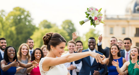A joyful bride in a white wedding dress tosses her flower bouquet over her shoulder during a wedding reception. A diverse group of excited guests is gathered behind her, laughing and reaching up to catch the bouquet in a traditional celebration.の素材