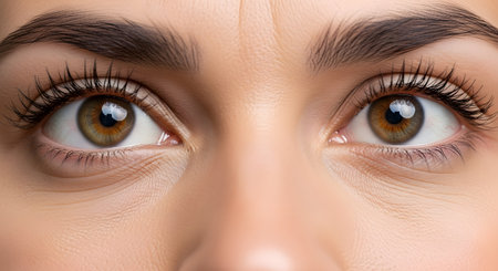 An extreme close-up of a woman's beautiful hazel eyes looking directly at the camera. Her eyebrows are well-groomed, and there are slight wrinkles visible under her eyes and between her brows, showing natural skin texture.の素材
