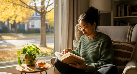 A young woman with glasses and curly hair sits in a cozy armchair, reading a book next to a window. Sunlight streams in, illuminating a cup of tea and a plant on a side table, while yellow autumn trees are visible outside.の素材