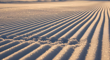 A close-up, low-angle shot of freshly groomed corduroy snow on a ski slope. The parallel lines and texture of the snow are highlighted by the low-angle golden light of the morning sun. This image represents winter, skiing, and snow texture.の素材