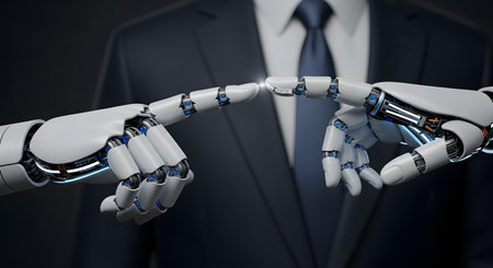 Two robotic hands are shown nearly touching index fingers, reminiscent of Michelangelo's 'The Creation of Adam.' In the background, the torso of a businessman in a suit is visible. This image symbolizes the connection between humanity and artificial intelligence, technology, and the future.の素材