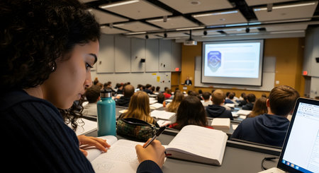 A focused female university student with curly hair writes notes in her notebook during a lecture in a crowded auditorium. Her laptop is open beside her, and the professor and a presentation screen are visible at the front of the large hall.の素材