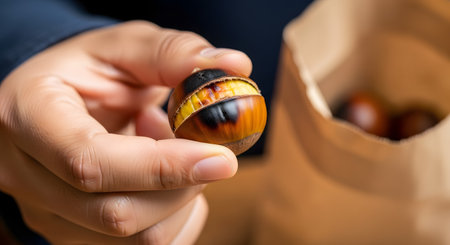 A close-up of a person's hand holding a freshly roasted chestnut that is split open, revealing the cooked inside. In the blurred background, a brown paper bag, traditionally used by street vendors, holds more chestnuts.の素材