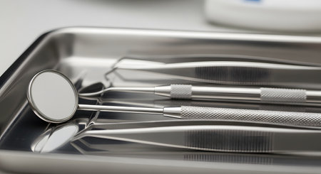 A close-up shot of sterile dental instruments, including a mouth mirror, dental explorer, and forceps, resting on a clean stainless steel tray. The image represents dentistry, oral hygiene, and a medical checkup.の素材