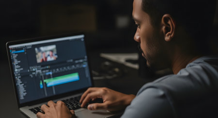A man is shown from over the shoulder, working late at night in a dark room. He is focused on his laptop screen, which displays a video editing software timeline. This image represents video editing, post-production, and freelance work.の素材