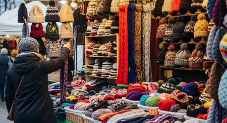 A person from behind, wearing a winter coat and hat, is browsing a market stall filled with colorful knitted hats, scarves, and yarn. The stall is outdoors, suggesting a winter or Christmas market.の素材