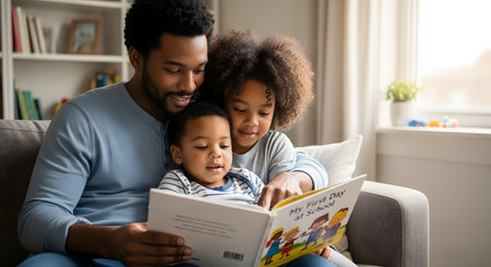 A loving father sits on a couch reading a picture book to his two young children, a daughter and a son, who are nestled closely beside him. The family is focused on the story together in their cozy living room, representing fatherhood, learning, and quality family time.の素材