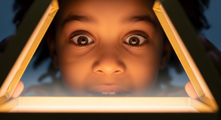 An extreme close-up of a young Black child's face, with wide, amazed eyes, looking down into an open box. A warm, golden light glows from within the box, illuminating their face and capturing a moment of pure wonder, surprise, and magic.の素材